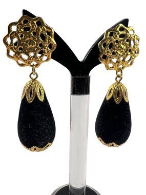 Vintage Avon Velvet Impressions Gold Filigree & Black Teardrop Dangle Earrings
